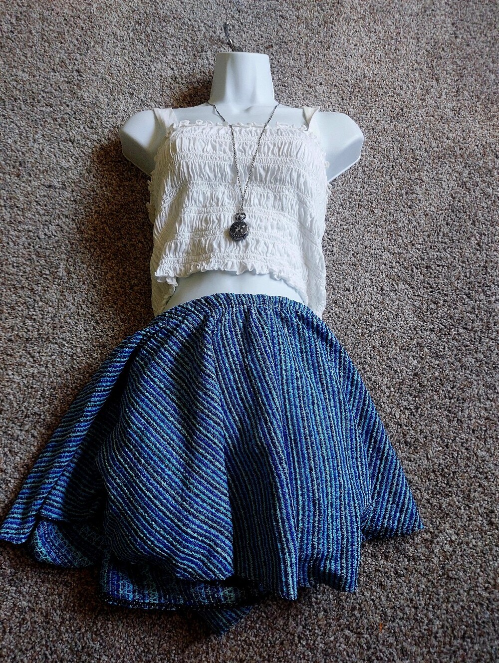 American Eagle Outfitters White Lace Top with Blue Trim